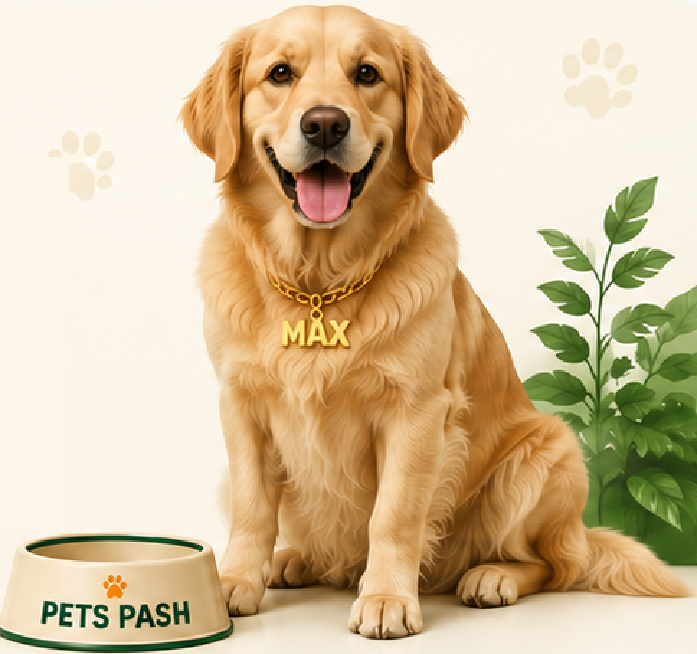 Max the golden retriever waiting by his Pets Pash bowl